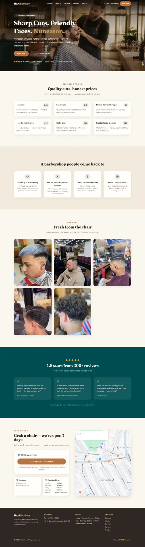 Hari Barbers Nuneaton barbershop website built by MADSID Creations